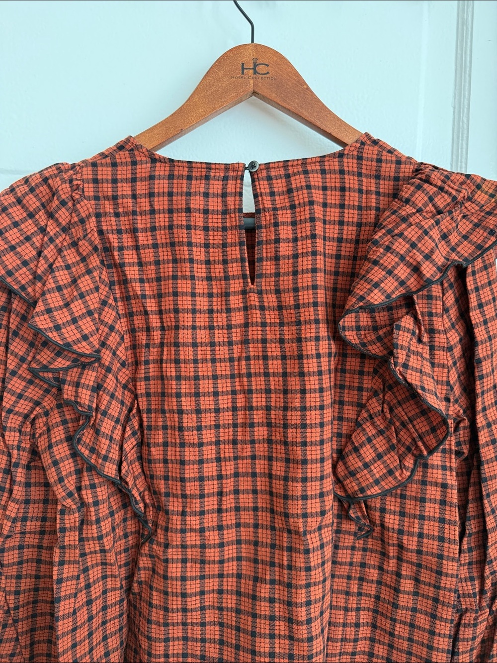 Madewell Rust Orange and Black Plaid Ruffle Top - Picture 4 of 7